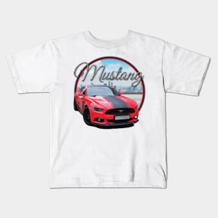 Red Mustang on city scape Kids T-Shirt